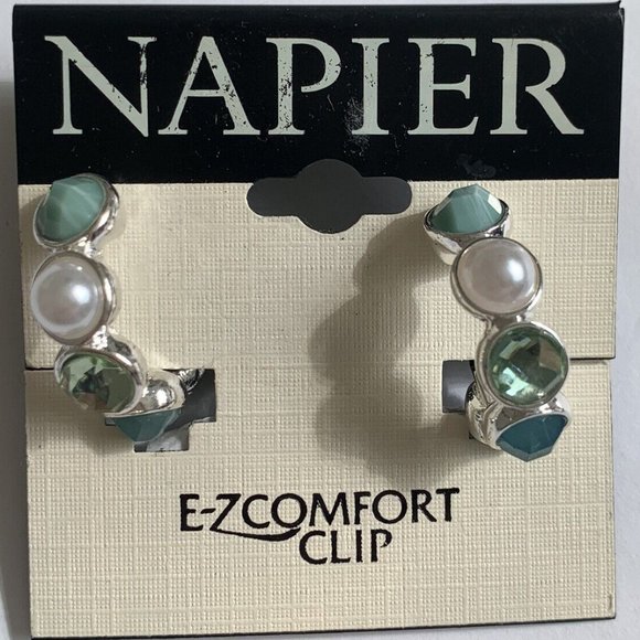Napier Jewelry - NAPIER Contemporary Silver Crystal/Pearl E-Z Comfort Clip On Hoop Earrings**NEW!